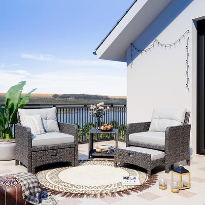 Pamapic 5 Pieces Wicker Patio Furniture Set Outdoor Patio Chairs with Ottomans Conversation Furniture with coffetable for Poorside Garden Balcony(Grey Cushion +Grey Rattan)…