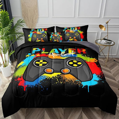 6 Pieces Gamer Comforter Set for Boys Gaming Bedding Set Queen Size,Video Game Controller Comforter for Kids Adult 3D Gamepad Microfiber Bedding Sets 6 Pieces Bed in A Bag Sets30019,Queen