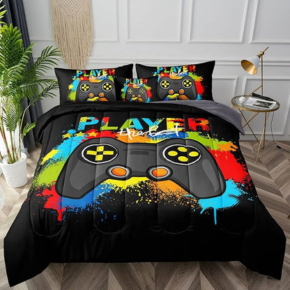 Gamer Comforter Set Gaming Twin Size,Video Game Controller Comforter for Boys Kids Adult 3D Gamepad Microfiber Bedding Sets 5 Pieces Bed in A Bag Sets30019,Twin