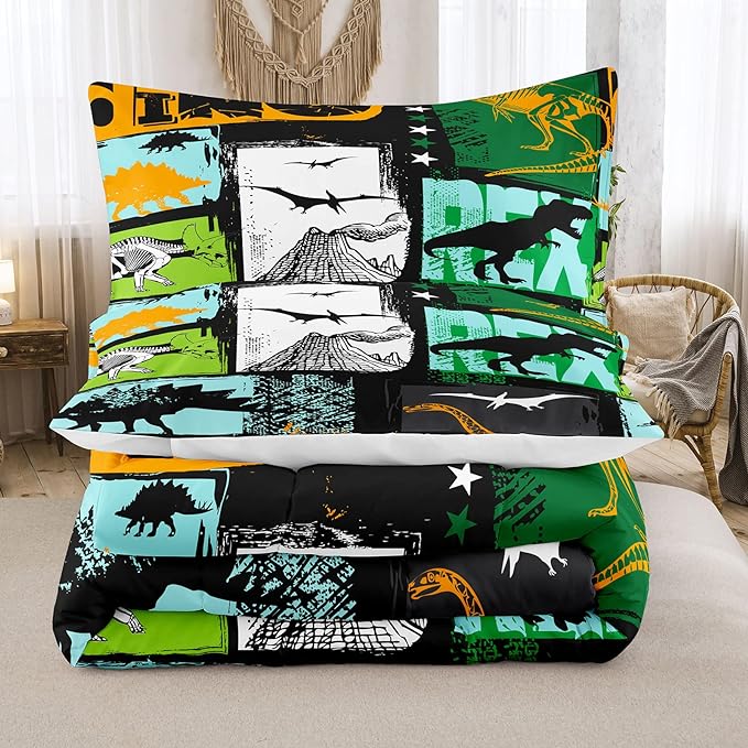 Bodhi Boys Bedding Set Full,Kids Teen Comforter Set with Pillowcases,Teen Boys Full Size Dinosaur Comforter Set,Cartoon Dinosaur Bedding Set for Boys Kids