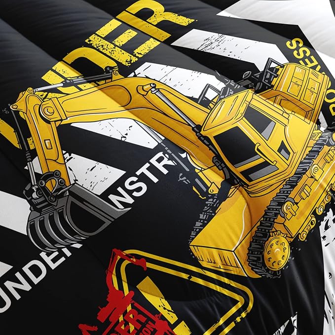 Excavator Comforter King Size,Construction Truck Comforter Set for Kids Teens Boys Girls,3Pcs Bedding Set Printed Comforter with 2 Pillowcases,Soft and Lightweight(Black，King Size)