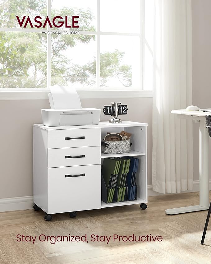 VASAGLE Lateral File Cabinet, Home Office Printer Stand, with 3 Drawers and Open Storage Shelves, for A4, Letter-Size Documents, White, 15.7”D x 31.5”W x 26”H