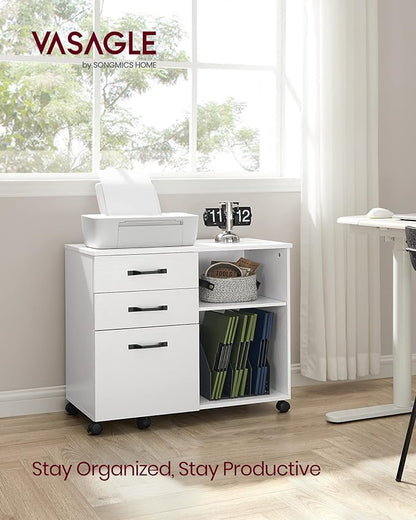 VASAGLE Lateral File Cabinet, Home Office Printer Stand, with 3 Drawers and Open Storage Shelves, for A4, Letter-Size Documents, White, 15.7”D x 31.5”W x 26”H
