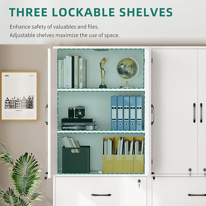 YITAHOME Wood File Cabinets, Heavy Duty Garage Tool Cabinets with Doors & Adjustable Shelves, Big Storage Filing Lockers for Home Office, Living Room, Pantry, Gym, Basement, Warehouse, White