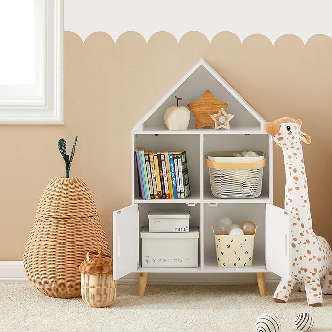 Haotian KMB58-W, Children Kid's Bookcase with 3 Storage Compartments and Cabinet, Bookshelf, Book Rack, Book Holder Organizor