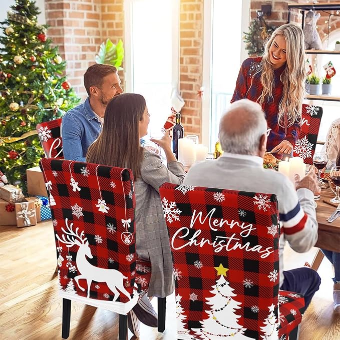 U'Artlines Christmas Chair Covers Set of 6, Removable Washable Merry Christmas Dining Chair Seat Covers Stretch Protector Slipcovers for Dining Room Kitchen Holiday Party Decor, Red Buffalo Plaid