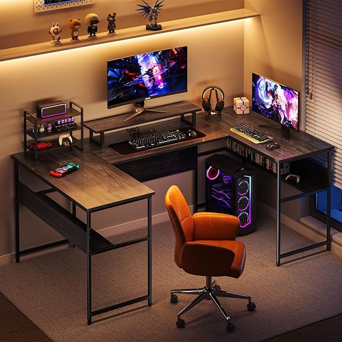 79” U Shaped Desk with Power Outlets, Reversible L Shaped Gaming Desk with Storage Shelves, Large Corner Computer Desk with Monitor Stand, 2 Person Desk for Home Office, Grey Black