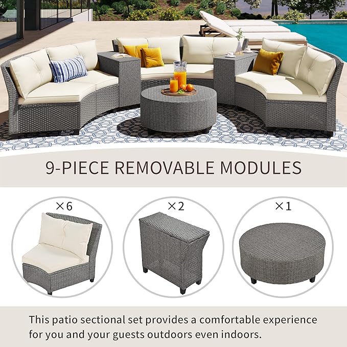 Outdoor 9 Pieces Patio Furniture Half Moon Wicker Sofa Sets, Fan-Shaped Curved Sectional Couch with Coffee Table&Beige Cushions, 1, Gray Rattan