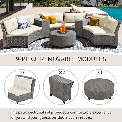 Outdoor 9 Pieces Patio Furniture Half Moon Wicker Sofa Sets, Fan-Shaped Curved Sectional Couch with Coffee Table&Beige Cushions, 1, Gray Rattan