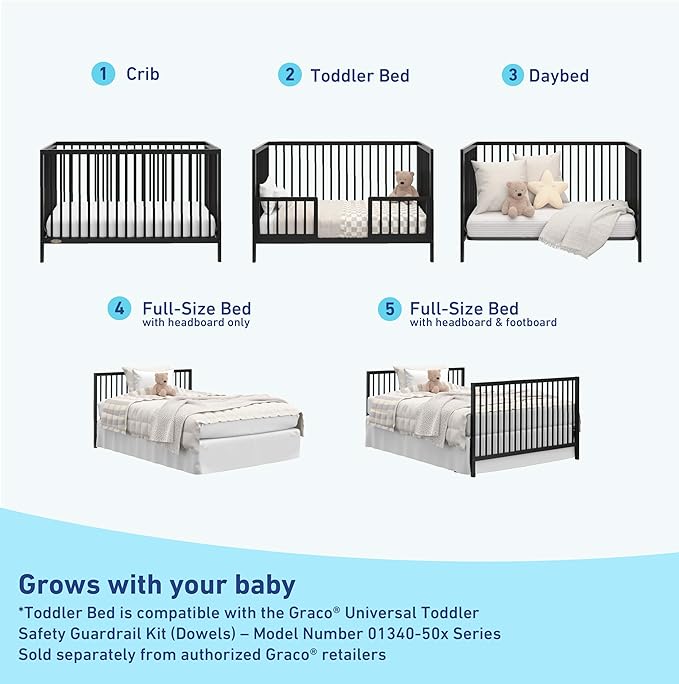 Graco Teddi 5-in-1 Convertible Crib (Black) – GREENGUARD Gold Certified, Converts to Daybed, Toddler & Twin Bed with Headboard and Footboard, Adjustable Mattress Height