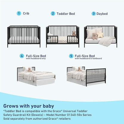 Graco Teddi 5-in-1 Convertible Crib (Black) – GREENGUARD Gold Certified, Converts to Daybed, Toddler & Twin Bed with Headboard and Footboard, Adjustable Mattress Height
