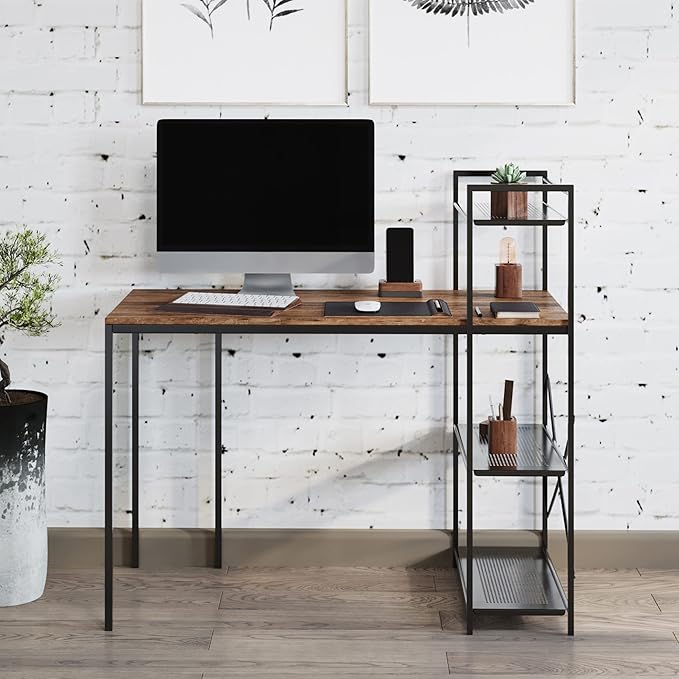 Lavish Home 80 BLT-SHF All-in-One Computer Desk with Shelves for Home Office, Bedroom, or Craft Table, Rustic Brown & Black