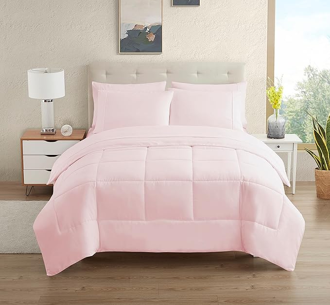 Dorm Room Essentials College Bedding Comforter Set 5 Piece Twin XL Size Bed in a Bag for College Students Boys and Girls, Twin XL, Pale Pink