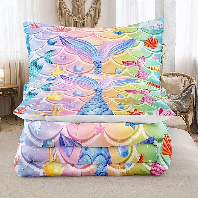 NINENINE Mermaid Tail Bedding Mermaid Comforter Set,Blue Glitter Bedding Full Comforter Sets for girls,Rainbow Scales Bedding Sets with 1Comforter 2Pillowcases