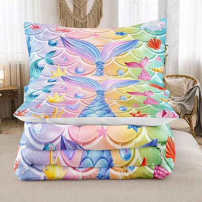 NINENINE Mermaid Tail Bedding Sets,Mermaid Comforter Rainbow Bedding,Twin Comforter Sets for Girls,Blue Glitter Comforter Sets with 1Comforter 1Pillowcase