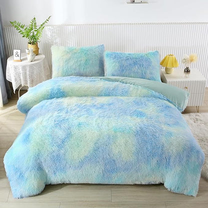 WINLIFE Shaggy Bedding Comforter Set Faux Fur Flannel Furry Comforter Long Hair Fluffy Plush Comforter Sets Ombre Blue Aqua Teal Bedding for Girls Adults (3Pcs, Full, Mint Green)