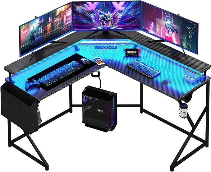 Wonder Comfort L Shaped 51 Inch Computer Desk with LED Lights，Corner Gaming Table Cup Holder Power Outlets/Monitor Stand for Home Office, Black