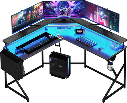 Wonder Comfort L Shaped 51 Inch Computer Desk with LED Lights，Corner Gaming Table Cup Holder Power Outlets/Monitor Stand for Home Office, Black