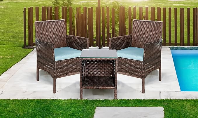 BTEXPERT Space Saving Outdoor Wicker Conversation 3 Piece Bistro Set Garden Patio Yard Porch Furniture Pe Rattan Two Chairs Cushions Side Storage Table Brown/Aqua Blue, OneSize