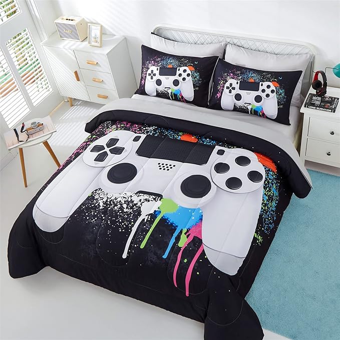 KAKKI 5 Piece Boys Queen Gamer Comforter Set with Sheets, 3D Colorful Video Game Controller Comforter for Kids Teen, All Season Soft Microfiber Gaming Bedding Set(White,Queen)