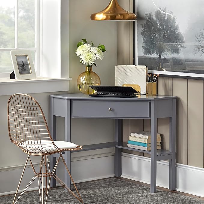 Target Marketing Systems Ellen Corner Desk Drawer and One Storage Shelf for Living Room, Bedroom, or Home Office, Small Computer Table, 42" W x 30" H, Gray