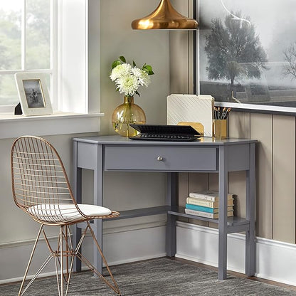 Target Marketing Systems Ellen Corner Desk Drawer and One Storage Shelf for Living Room, Bedroom, or Home Office, Small Computer Table, 42" W x 30" H, Gray