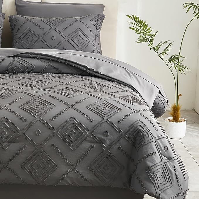 EMME Twin Comforter Set - 5 Pcs Dark Grey Boho Bedding Sets, Twin Size Tufted Comforter with Sheets, Shabby Chic Embroidery Bed Set Fluffy Bed Bag for All Season(68"X90")