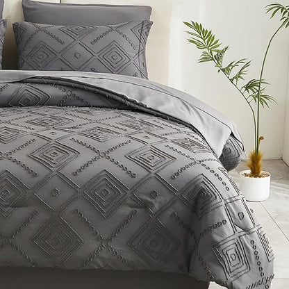 EMME Queen Comforter Set - 7 Pcs Dark Grey Boho Bedding Sets, Full Size Tufted Comforter with Sheets, Shabby Chic Embroidery Queen Bed Set Fluffy Bed Bag for All Season(90"X90")