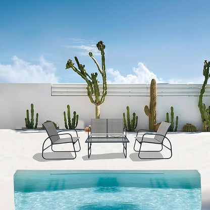 Mapleleaf 4 Pieces Rattan Patio Furniture Set, Outdoor Wicker Conversation Sofa Set, Rattan Chair and Glass Coffee Table for Yard, Pool or Backyard (Grey)
