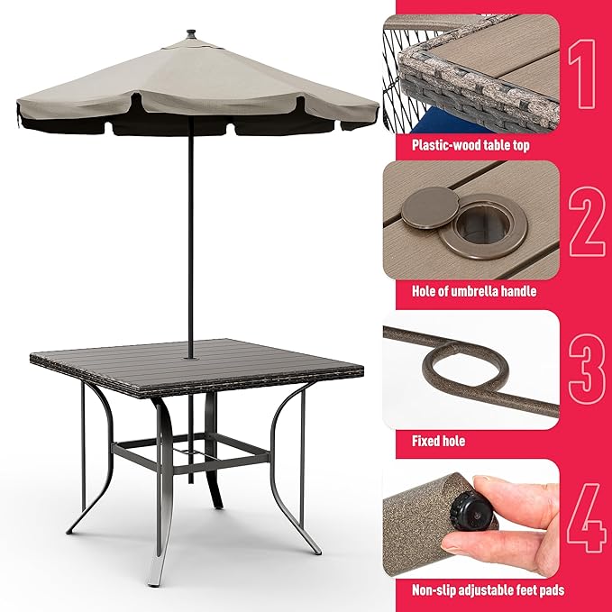 Pamapic Patio Table and Chairs Set, All-Weather Rattan Outdoor Table and Chairs with Removable Waterproof Cushions, Plastic-Wood Patio Dining Set for 4 with Umbrella Hole(Blue)