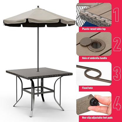 Pamapic Patio Table and Chairs Set, All-Weather Rattan Outdoor Table and Chairs with Removable Waterproof Cushions, Plastic-Wood Patio Dining Set for 4 with Umbrella Hole(Blue)