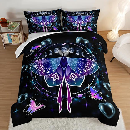 HOSIMA Butterfly Comforter Set with 2 Pillowcases,Moon Starry Sky Galaxy Comforter Butterfly Room Decor Aesthetics,Blue Heart -Shaped Bubble Queen Comforter Set for Adults Kids Black Comforter.