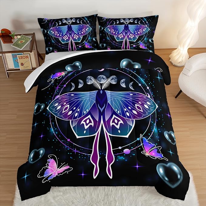 HOSIMA Butterfly Comforter Set with 2 Pillowcases,Moon Starry Sky Galaxy Comforter Butterfly Room Decor Aesthetics,Blue Heart -Shaped Bubble Twin Bed in A Bag Sets for Adults Kids Black Comforter.