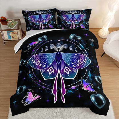 HOSIMA Butterfly Comforter Set with 2 Pillowcases,Moon Starry Sky Galaxy Comforter Butterfly Room Decor Aesthetics,Blue Heart -Shaped Bubble Twin Bed in A Bag Sets for Adults Kids Black Comforter.