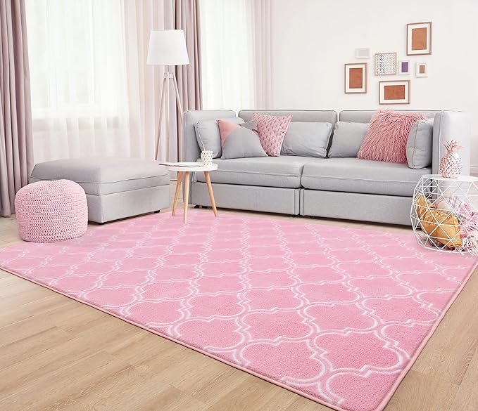 Chicrug Shag Geometric Modern Area Rug for Bedroom, 5x7 Feet Memory Foam Indoor Carpet, Fluffy Rug for Living Room Bedside Room Decor for Family Girls Kids Nursery Play Mat, Pink/White