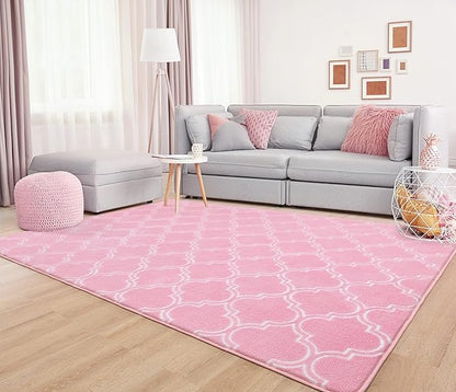 Chicrug Shag Geometric Modern Area Rug for Bedroom, 5x7 Feet Memory Foam Indoor Carpet, Fluffy Rug for Living Room Bedside Room Decor for Family Girls Kids Nursery Play Mat, Pink/White