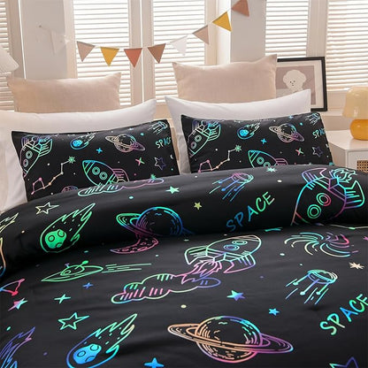 Aimuan Space Rocket Bedding Set Kid Comforter Set Full Size Super Soft & Cute Aliens UFO Printed Quilt Set for Teen Boys Girls (Black, Full)
