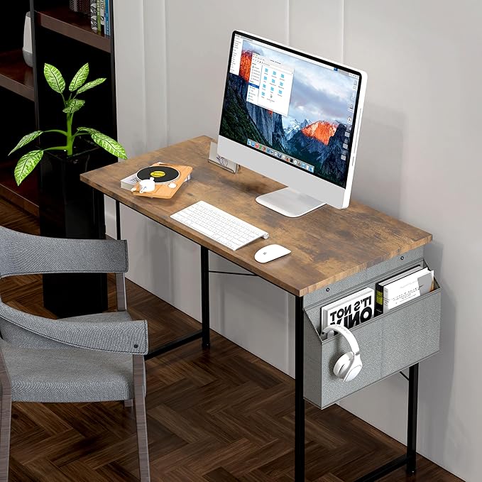 HealSmart Writing Study Worktable for Bedroom Small Desk, Modern Simple Style PC Table with Storage Bag, 47 Inch, Brown-New Version