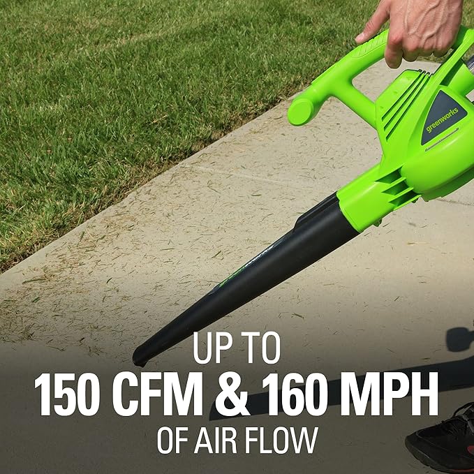 Greenworks 7 Amp 160 MPH/150 CFM Single Speed Electric Blower, 24012, green
