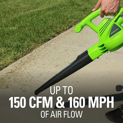 Greenworks 7 Amp 160 MPH/150 CFM Single Speed Electric Blower, 24012, green