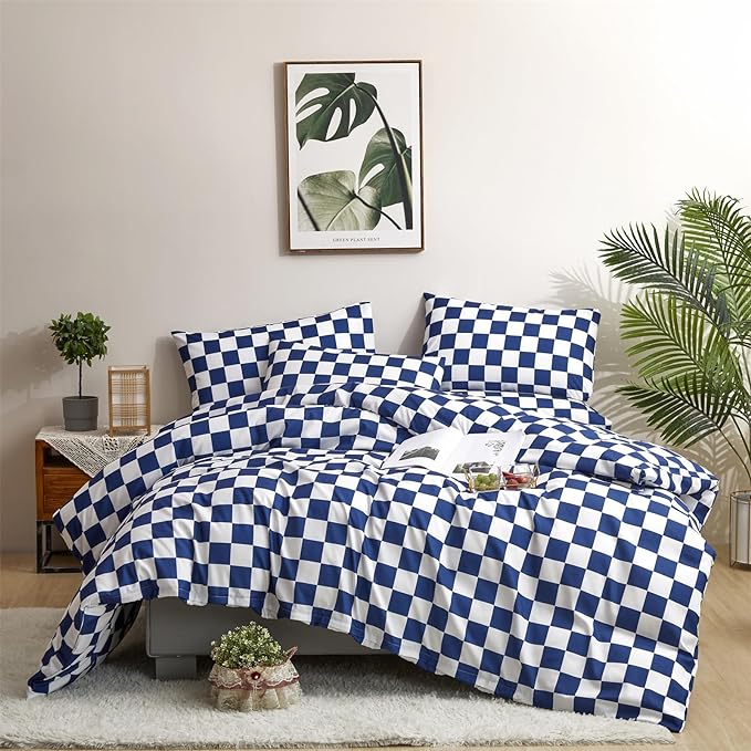 Royal Blue White Grid Comforter Set Cal King Royal Blue Plaid Bedding Set Women Royal Blue and White Checkered Bed Comforter Set Breathable Blanket Set Men Durable Bedding Comforter Set