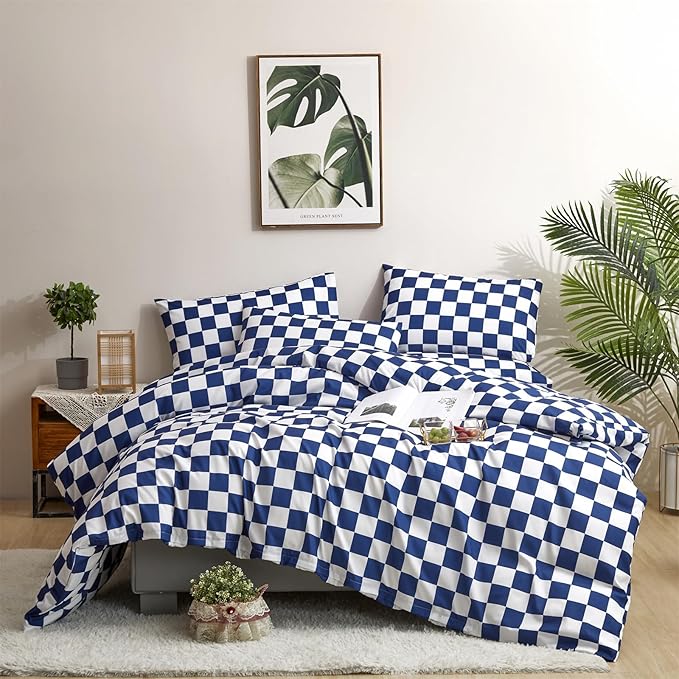 Royal Blue White Grid Comforter Set King Royal Blue Plaid Bedding Set Women Royal Blue and White Checkered Bed Comforter Set Breathable Blanket Set Men Durable Bedding Comforter Set