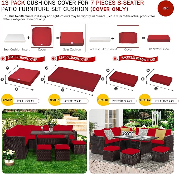 ClawsCover 13Pack Outdoor Seat and Back Cushions Replacement Covers Fit for 7Pieces Wicker Rattan Patio Furniture Set Sectional Couch with Dining Table and Ottoman,Red-Include Cover Only