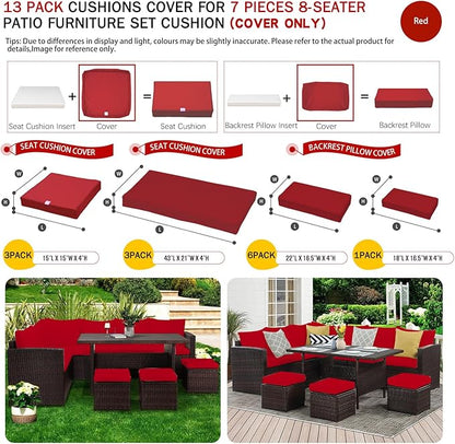 ClawsCover 13Pack Outdoor Seat and Back Cushions Replacement Covers Fit for 7Pieces Wicker Rattan Patio Furniture Set Sectional Couch with Dining Table and Ottoman,Red-Include Cover Only