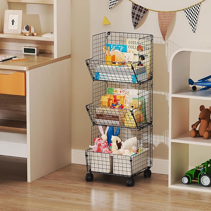 3 Tier Metal Wire Baskets - Toy Organizer Basket Shelf with Wheel, S-Hooks, Rolling Cart Hanging Storage Baskets for Child Room, Playroom, Bedroom, Kitchen (Black)