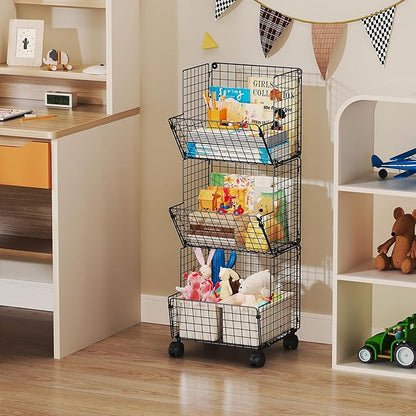 3 Tier Metal Wire Baskets - Toy Organizer Basket Shelf with Wheel, S-Hooks, Rolling Cart Hanging Storage Baskets for Child Room, Playroom, Bedroom, Kitchen (Black)
