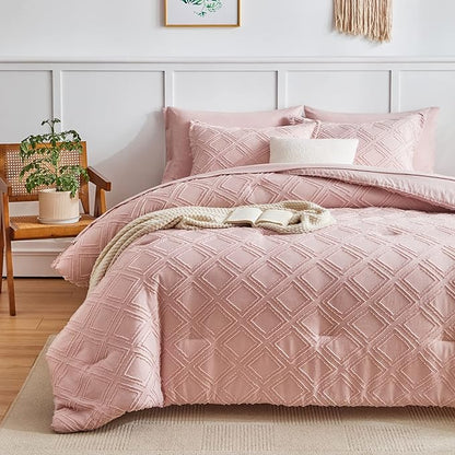 6 Pieces Tufted Bed in a Bag Twin Comforter Set with Sheets Blush, Soft and Embroidery Shabby Chic Boho Bohemian, Luxury Solid Color with Diamond Pattern, Jacquard Tufts Bedding Set for Kids Girls