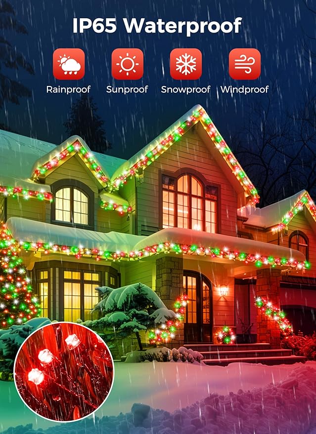 Minetom Solar Christmas Lights Outdoor Waterproof, 40FT 100 LED Solar Lights with 8 Modes, Solar Christmas Outdoor Decoration, Solar String Lights for Outside House Tree Party Yard, Red Green & White