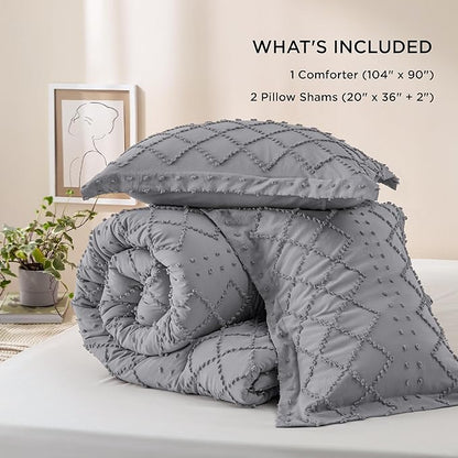 Bedsure King Size Comforter Set - Grey Comforter, Boho Tufted Shabby Chic Bedding Comforter Set, 3 Pieces Vintage Farmhouse Bed Set for All Seasons, Fluffy Soft Bedding Set with 2 Pillow Shams