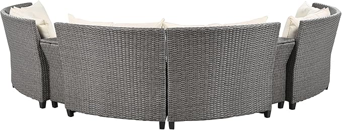 Merax Patio Furniture Sets for 6, Fan-Shaped All Weather Outdoor HDPE Rattan Sofa with Cushions and Table, Suitable for Garden, 9-Piece, Beige